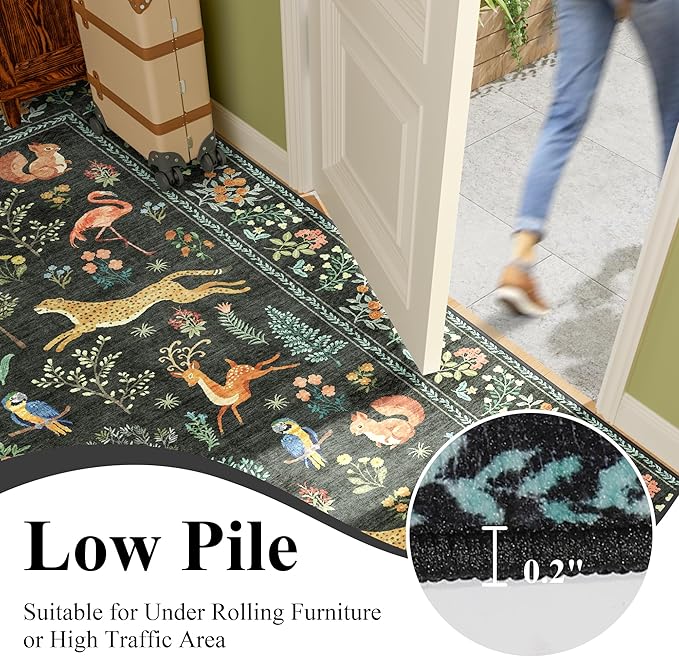 DUKINO 6x9 Rug, Washable Animal Living Room Rug with Non Slip Vintage Design, Soft Low Pile Large Carpet for Bedroom, Nursery, Dining Room, Farmhouse, Playroom, Black