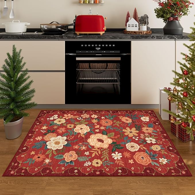 DUKINO 2x3 Rugs for Entryway, Floral Indoor Washable Door Mat, Non Slip Boho Small Rug for Kitchen, Soft Low Pile Front Door Throw Rug for Entrance, Bedroom, Kitchen, Laundry, Bathroom, Red