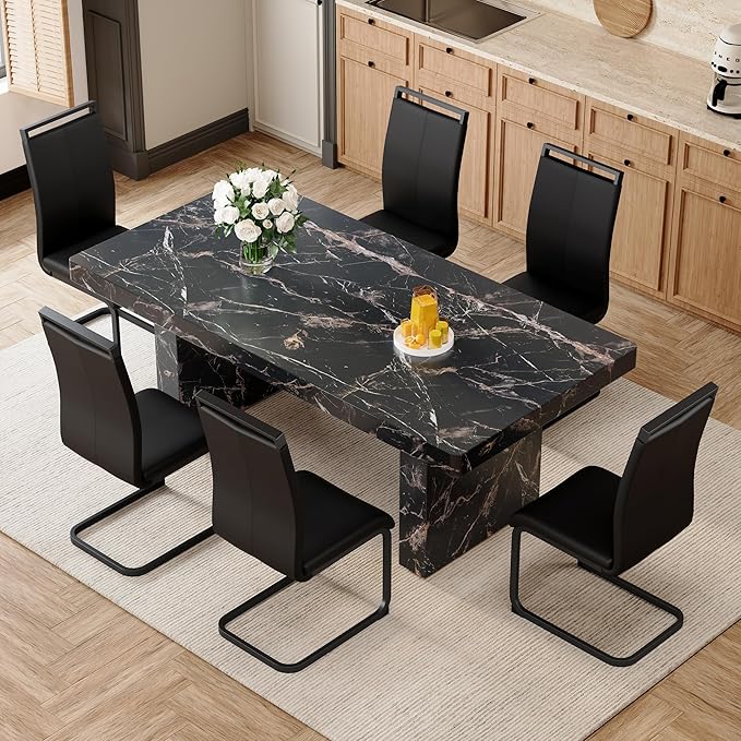 79" Marble Dining Table Set｜Modern Dining Table Set with 6 Faux Leather Chairs｜Engineered Wood with Marble Pattern Tabletop｜Widened and Stable Tablelegs｜Easy Assembly