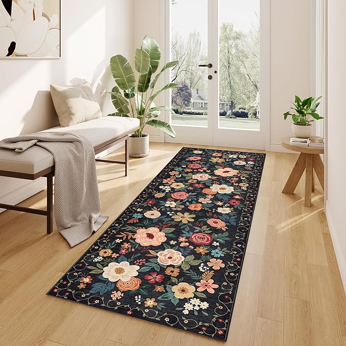 DUKINO Runner Rug, 2.6x8 Kitchen Rugs for Hallway with Non Slip Backing, Washable Low Pile Soft Boho Floral Runner Carpet for Hallway, Kitchen, Entryway, Laundry, Bedroom, Black