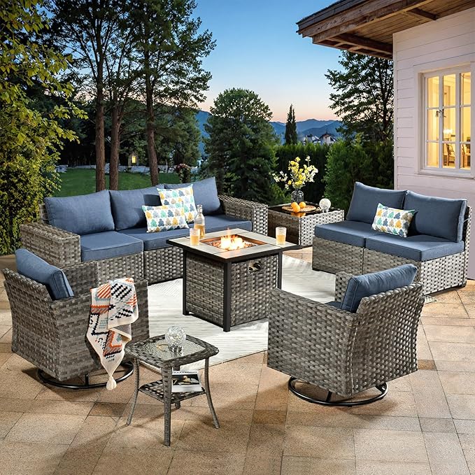 ovios 10 Pieces Patio Furniture Set, Outdoor Wicker Sectional Sofa with 30" Fire Pit Table Swivel Chairs, Modern Modular Deep Seat Rattan Couch Conversation Sets, Denim Blue