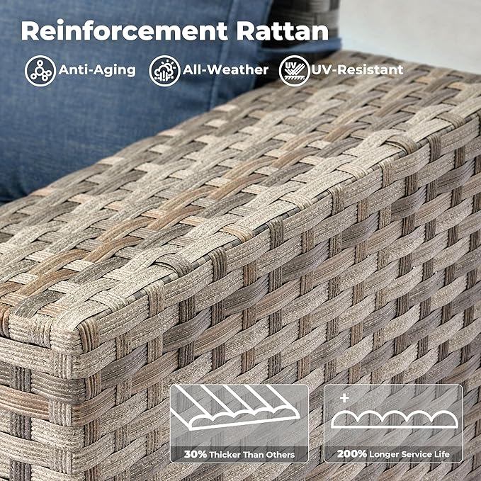 ovios 8 Pieces Patio Furniture Set, Outdoor Wicker Sectional Sofa with Swivel Chair Coffee Table, Modern Modular Deep Seat Rattan Couch Conversation Sets, Denim Blue