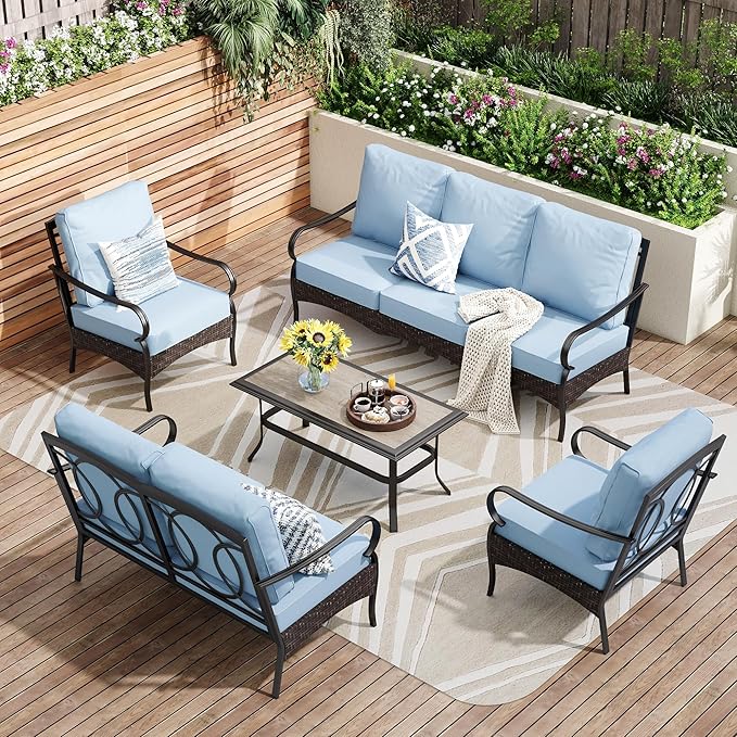 PHI VILLA Outdoor Modern Patio Furniture Set, Upgraded Wicker&Metal Patio Furniture Conversation Set with Waterproof Thick Cushions for Porch, Poolside, Deck, and Yard (5 Pieces,Blue)
