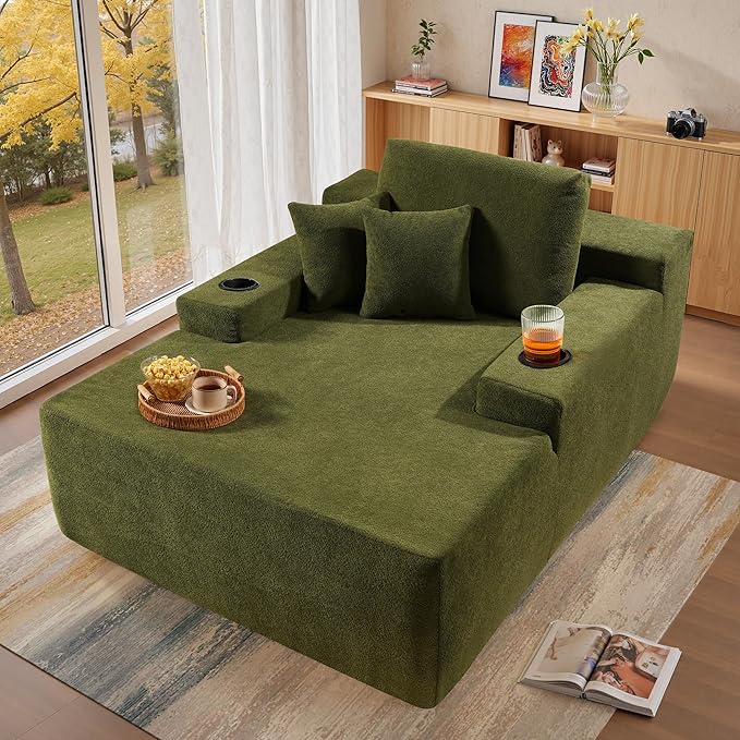 Chaise Lounge Chair Indoor, 67" Oversized Comfy Cloud Velvet Sleeper Sofa Bed with Cup Holders and Wide Armrests, Boneless Upholstered Recliner Bed, Modern Cloud Couch for Living Room, Green