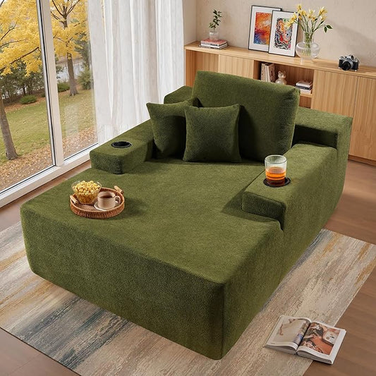 Chaise Lounge Chair Indoor, 67" Oversized Comfy Cloud Velvet Sleeper Sofa Bed with Cup Holders and Wide Armrests, Boneless Upholstered Recliner Bed, Modern Cloud Couch for Living Room, Green