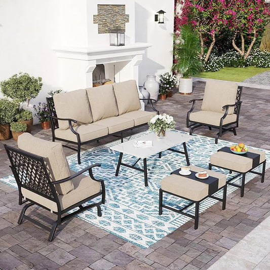 Patio Furniture Set, Modern Metal Outdoor Patio Furniture, 3 Seater Sofa, 2 Rocking Chairs, 2 Ottomans, Coffee Table and 5.75" Extra Thick Cushion, Patio Conversation Set for Backyard