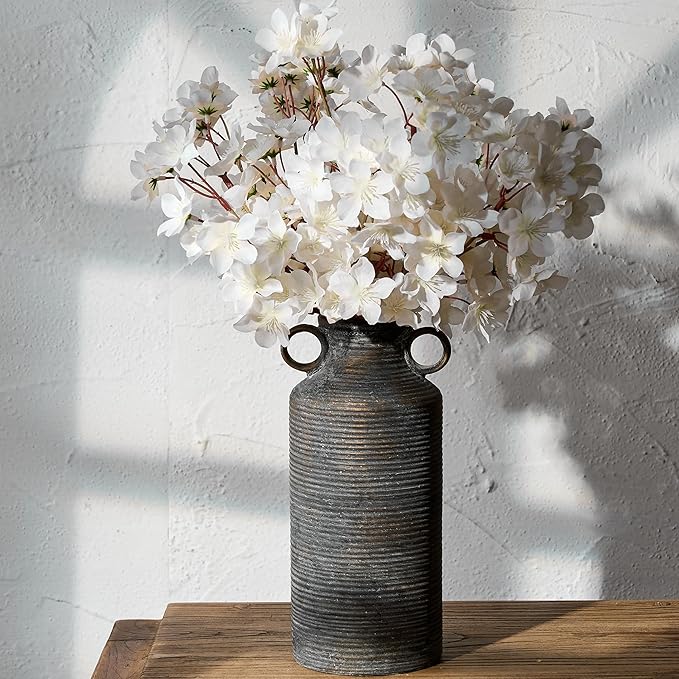 Ceramic Rustic Vase with 2 Round Handles, Antique Farmhouse Flower Vase, Vintage Terracotta Vases for Home Decor, Wedding, Living Room, Table, Shelf Decor - 10.2 Inch Tall, Black Bronze