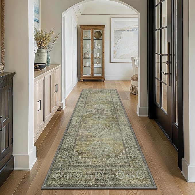 GENIMO Runner Rug 2x7 Non Slip Machine Washable Vintage Hallway Runner Rugs, Low Pile Lightweight Mat for Living Room, Entryway, Bedroom, Kitchen and Corridor, Distressed Sage