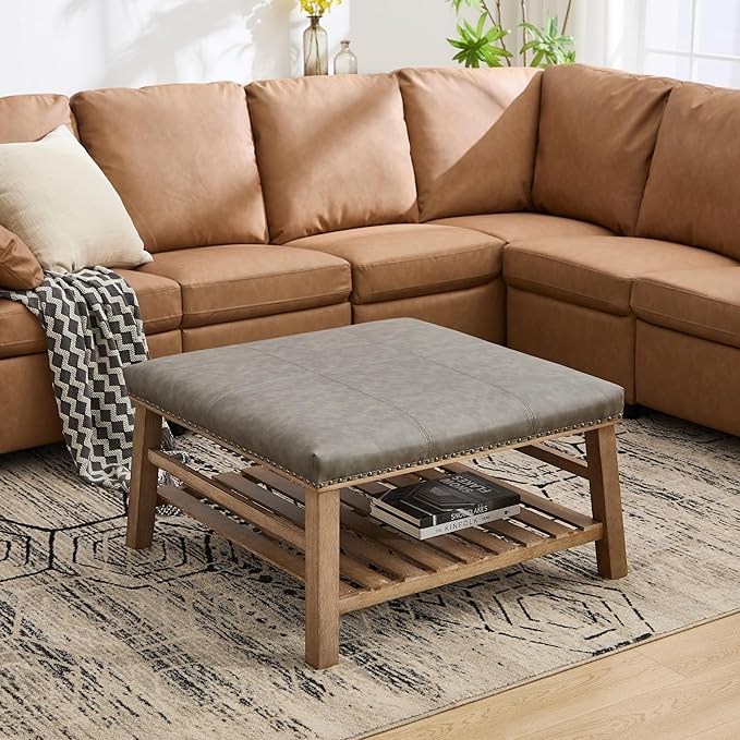 Large Square Coffee Table with Storage,Modern Faux Leather Ottoman Coffee Table,Luxury Upholstered Couch Table for Living Room/Sofa/Bedroom,Grey