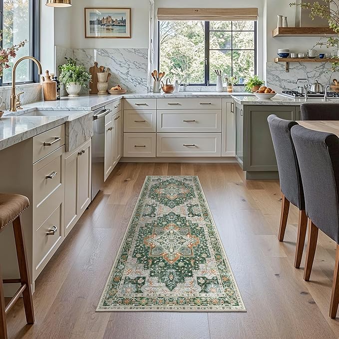 GENIMO 2x10 Runner Rugs for Hallway, Machine Washable Non Slip Vintage Rugs, Low Pile Lightweight Soft Print Rug for enrtyway, Corridor, Home Office, Kitchen,Pine Green