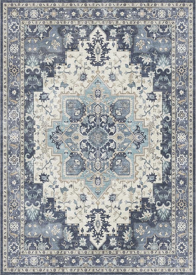 GENIMO 2x6 Runner Rugs for Hallway, Machine Washable Non Slip Vintage Rugs, Low Pile Lightweight Soft Print Rug for enrtyway, Corridor, Home Office, Kitchen, Center Blue