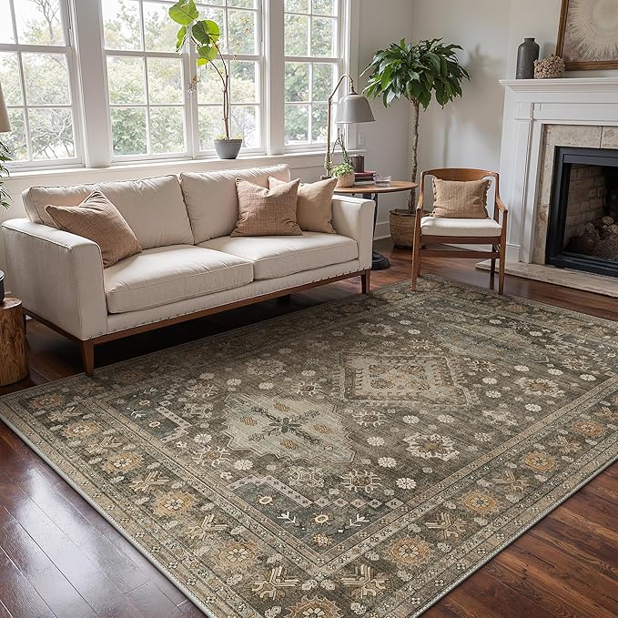 GENIMO 9x12 Area Rugs for Living Room, Machine Washable Low Pile Rugs, Non Slip Vintage Rug for Bedroom, Dining Room, Home Office, Kitchen, Distressed Deep Brown