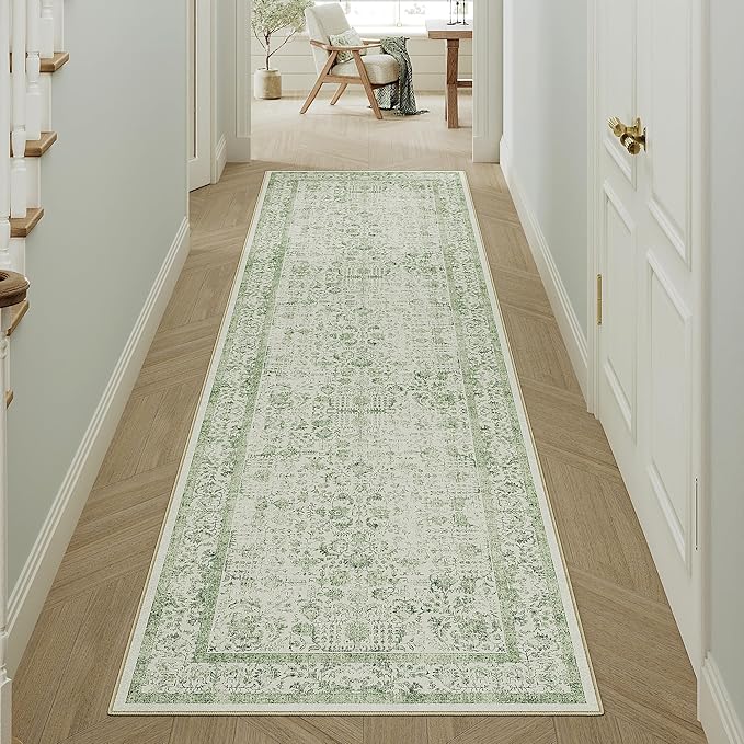 Runner Rug 2x5 Sage Green Hallway Washable Vintage Distressed Kitchen Carpet Non Slip Neutral Low Pile Retro Floral Farmhouse Long Throw Rug Entryway Bathroom Office Laundry Dining Room