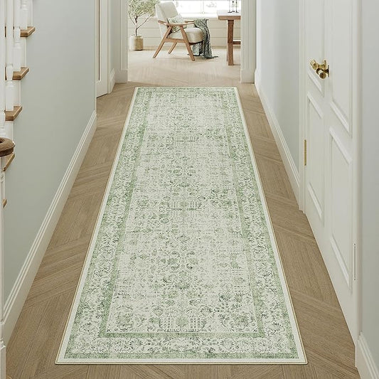 Runner Rug 2x5 Sage Green Hallway Washable Vintage Distressed Kitchen Carpet Non Slip Neutral Low Pile Retro Floral Farmhouse Long Throw Rug Entryway Bathroom Office Laundry Dining Room