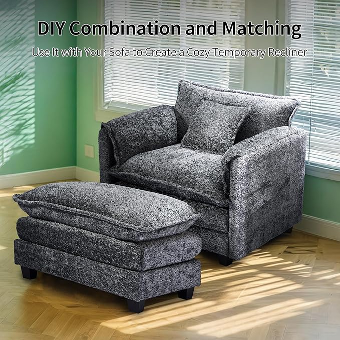 SweetGO corporation 42" Plush Single Sofa Accent Chair with Ottoman for Living Room/Bedroom, Modern Couch for Cozy Lounge Chair for Reading, Dark Gray