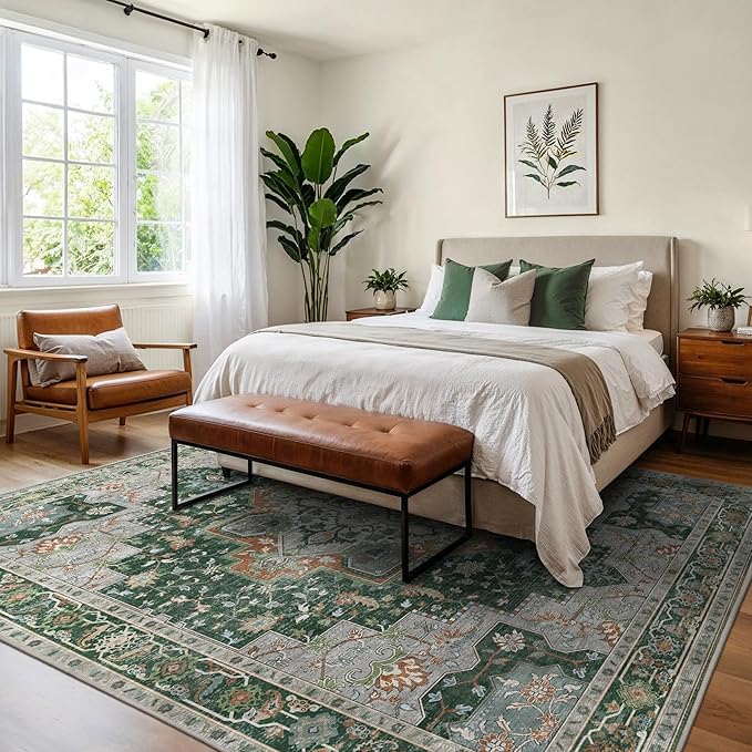 GENIMO 8x10 Area Rugs for Living Room, Machine Washable Non Slip Vintage Rugs, Low Pile Lightweight Chenille Print Rug for Bedroom, Dining Room, Home Office,Pine Green