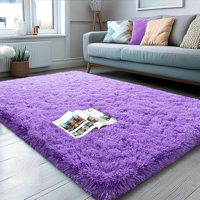 3x5 Area Rug for Bedroom, Purple Rugs for Living Room Nursery Kids Room Dorm Home Decor Aesthetic, Fluffy Shaggy Rug with 4 Anti-Slip Carpet Tapes