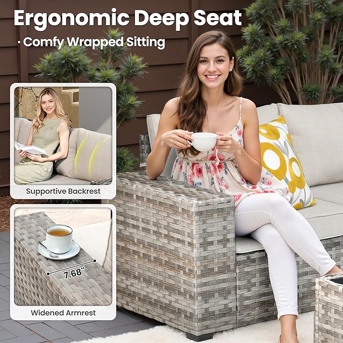 ovios 9 Pieces Patio Furniture Set, Outdoor Wicker Sectional Sofa with 2 Swivel Chairs Coffee Table, Modern Modular Deep Seat Rattan Couch Conversation Sets, Beige