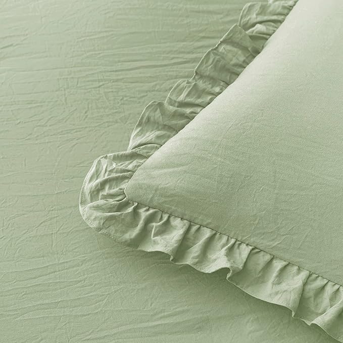 Bonlino Bedding Comforter Set King - 3 Pieces Farmhouse Comforter Ruffle Boho Bed Comforter, Fluffy Soft Lightweight Bedding Chic Rustic Country Style for Home Bedroom Dorm (King, Sage Green)