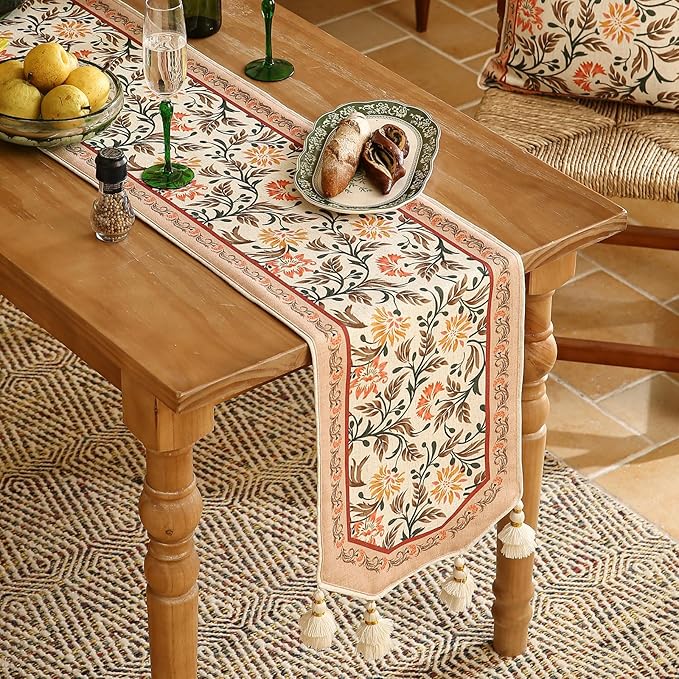 Designer French Elegant Linen Table Runner 102 Inches Long,Farmhouse Lily Pattern Decor Table Runners for Dining Tables,Thanksgiving,Kitchen Tables,Christmas,12"*102"-Aurora A