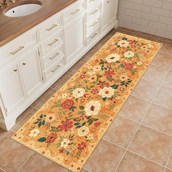 DUKINO 2x5 Runner Rug for Hallway, Washable Kitchen Floral Runner Rug with Non Slip Backing, Low Pile Soft Boho Carpet for Kitchen, Hallway, Entryway, Laundry, Bedroom, Orange