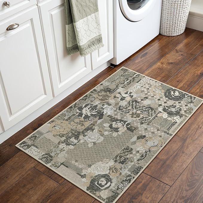 GENIMO Area Rug 2x3 Doormat, Machine Washable Low Pile Rugs, Small Floral Patchwork Retro Chenille Entryway Mat for Entrance, Hallway, Kitchen and Corridor, Taupe Gray