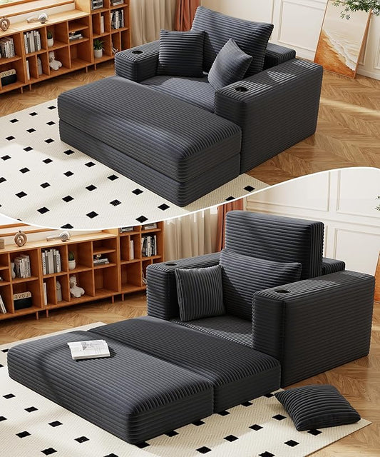 62" Chaise Lounge Chair Indoor Comfy Oversized Sleeper Chair Bed for Living Room Corduroy Deep Seat Lounge Sofa Convertible Boneless Sofa Bed, No Assembly Required