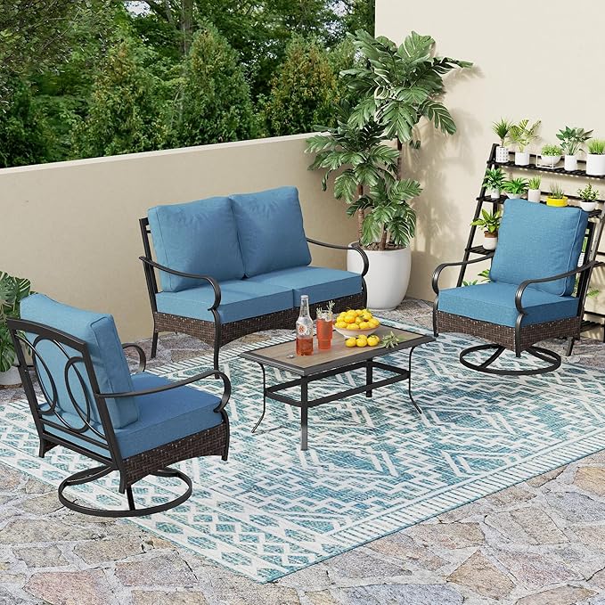 PHI VILLA Outdoor Porch Furniture Set, Upgraded Wicker&Metal Deep Seating Patio Furniture Conversation Set with Waterproof Thick Cushions for Balcony, Deck, and Yard (4 Pieces,Navy)