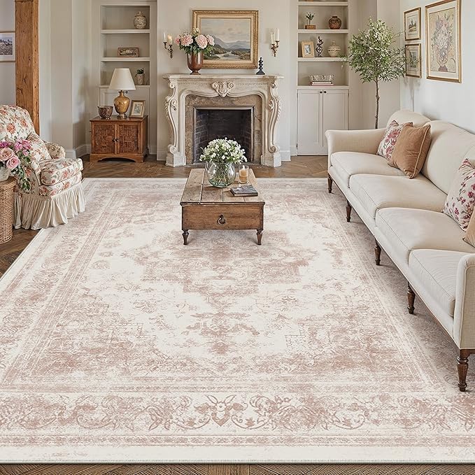Washable Rug 9x12 Area Rug for Living Room Pink Vintage Boho Medallion Large Distressed Retro Carpet Non Slip Indoor Low Pile Small Soft Bedroom Dining Room Home Office