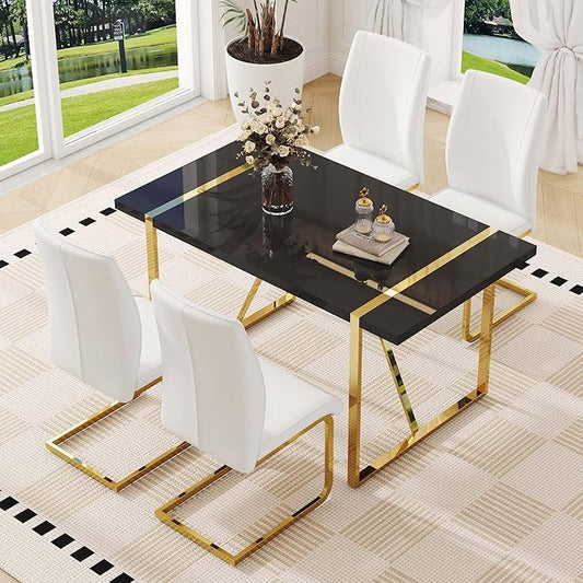 55" Black Dining Table Set for 4, 5 Piece Dining Table Set, 1.5" Black Glossy Wood Tabletop with Gold Metal Legs, Modern Kitchen Table Set with 4 Bow-legged Faux Leather Chairs for Dining, Small Space