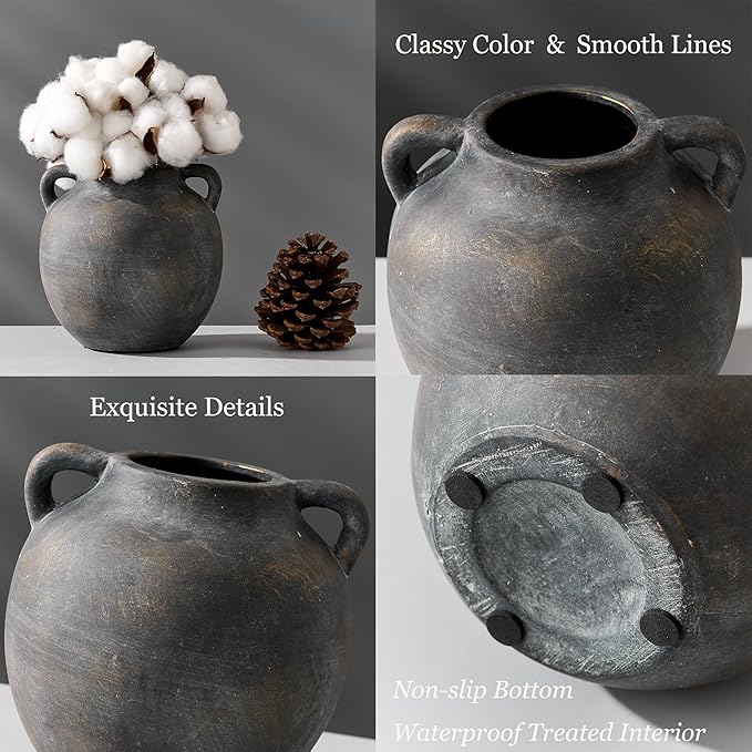 Ceramic Rustic Vase for Home Decor, 5.8 Inch Terracotta with Handles, Vintage Decorative for Flowers, Plants, Living Room, Table, Thanksgiving - Black Bronze