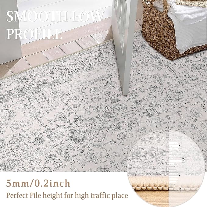 Grey Round Area Rug 5ft Entryway Door Mat Small Circle 5x5 Kitchen Vintage Carpet Non Slip Indoor Bedroom Washable Distressed Floral Retro Accent Throw Rug Office Bathroom