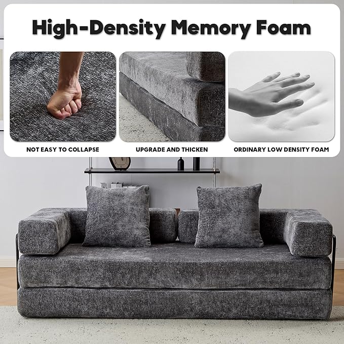 Convertible Floor Sofa Bed with Fixed-Shape Frame, Modular Chenille Folding Mattress Couch with Armrest, Floor Sofa Lounge Couch for Living Room Bedroom Lounge Studio,Dark Grey