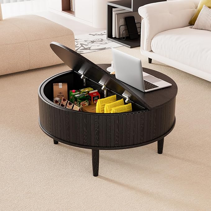 Round Fluted Lift Top Coffee Table with Storage, Mid Century Modern Coffee Table for Living Room, Home Small Space,31.5" Fluted Center Table (Black, 31.5inch)