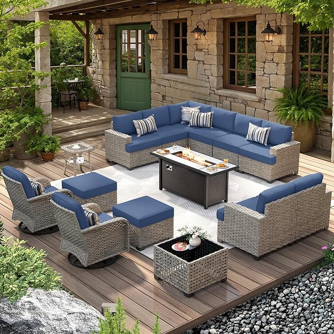HOOOWOOO Outdoor Sectional Patio Furniture Set with Fire Pit Table,15 Pieces Wicker Conversation Sets L Shaped Couch,Extra Deep Out Door Sofa Outside Furniture with Swivel Chairs Ottoman,Denim Blue
