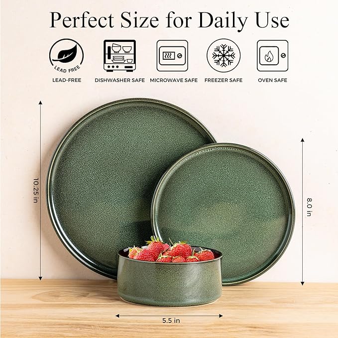 LERATIO Ceramic Dinnerware Sets for 4,Round Reactive Glaze Ceramic Plates and Bowls Set,Highly Chip and Crack Resistant | Dishwasher & Microwave Safe Dishes Set,Service for 4 (12pc)-Green