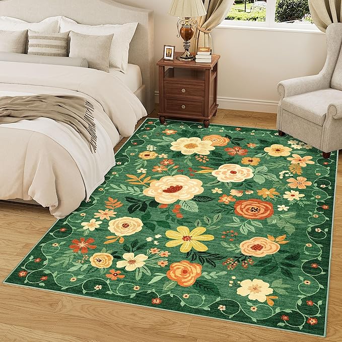 DUKINO 6x9 Area Rug, Floral Rugs for Living Room, Lightweight Non Slip Washable Rug, Indoor Low Pile & Non-Shedding Boho Design Rugs for Bedroom, Living Room, Dining Room, Dark Green