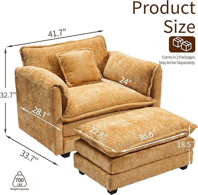 SweetGO corporation 42" Plush Single Sofa Accent Chair with Ottoman for Living Room/Bedroom, Modern Couch for Cozy Lounge Chair for Reading,Yellow