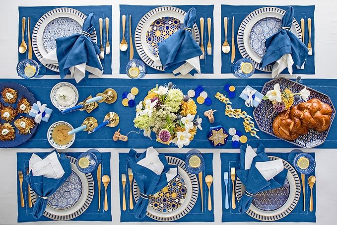 Solino Home Linen Table Runner 36 Inches - 100% Pure Linen Indigo Blue Hemstitch Table Runner 14 x 36 Inch Ideal for Dresser and Coffee Tables - Fall, Autumn, Christmas, Holiday - Classic Hemstitch