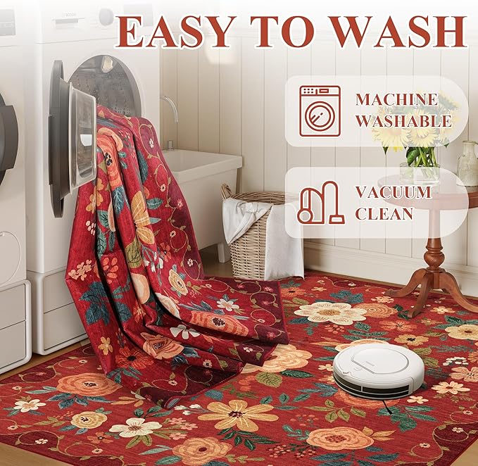 DUKINO 8x10 Area Rug, Floral Rugs for Living Room, Lightweight Non Slip Washable Rug, Indoor Low Pile & Non-Shedding Boho Design Rugs for Bedroom, Living Room, Dining Room, Red