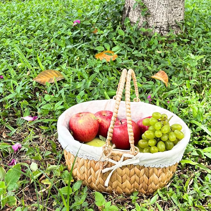 Wicker Basket with Handles and Lining, Handwoven Water Hyacinth Picnic Hamper, Oval Basket for Camping, Outdoor, Fruit, Wine, Thanksgiving day, Birthday, Easter, Gift, Home Decor