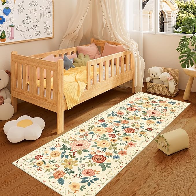 DUKINO 2x6 Runner Rug for Hallway, Washable Kitchen Runner Rug with Non Slip Backing, Low Pile Soft Boho Floral Runner for Kitchen, Hallway, Entryway, Laundry, Bedroom, Beige Yellow