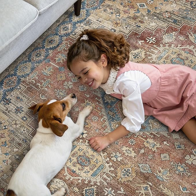 GENIMO 8x10 Area Rugs for Living Room, Machine Washable Non Slip Vintage Rugs, Low Pile Lightweight Chenille Print Rug for Bedroom, Dining Room, Home Office, Antique Red