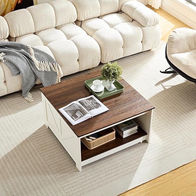 Farmhouse Coffee Table for Living Room, Wood Square Coffee Tables, 31.5" D x 31.5" W, Antique White
