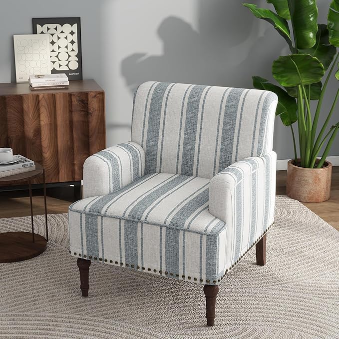 Lumibee Modern Accent Chair with Arms,Mid Century Stripe Armchair for Living Room,Comfy Linen Fabric Single Sofa for Apartment Bedroom,Comfortable Cushioned Seat for Reading Home Office-Blue Stripe