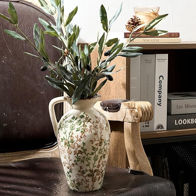 Green and Beige Antique Vase, 8.9 Inch Vintage Chinoiserie Floral Vase, Rustic Ceramic Vase for Home Decor, Living Room, Bookshelf, Office, Entryway, Garden, Chinoiserie Decor, Tuscan Decor