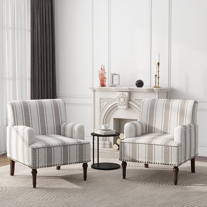 Modern Accent Chair with Arms,2 Set Mid Century Stripe Armchair for Living Room,Comfy Linen Fabric Single Sofa for Apartment Bedroom,Comfortable Cushioned Seat for Reading Home Office-Brown Stripe
