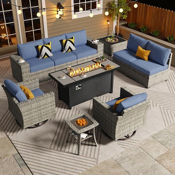 ovios 10 Pieces Patio Furniture Set, Outdoor Wicker Sectional Sofa with 54" Fire Pit Table Swivel Chairs, Modern Modular Deep Seat Rattan Couch Conversation Sets, Denim Blue