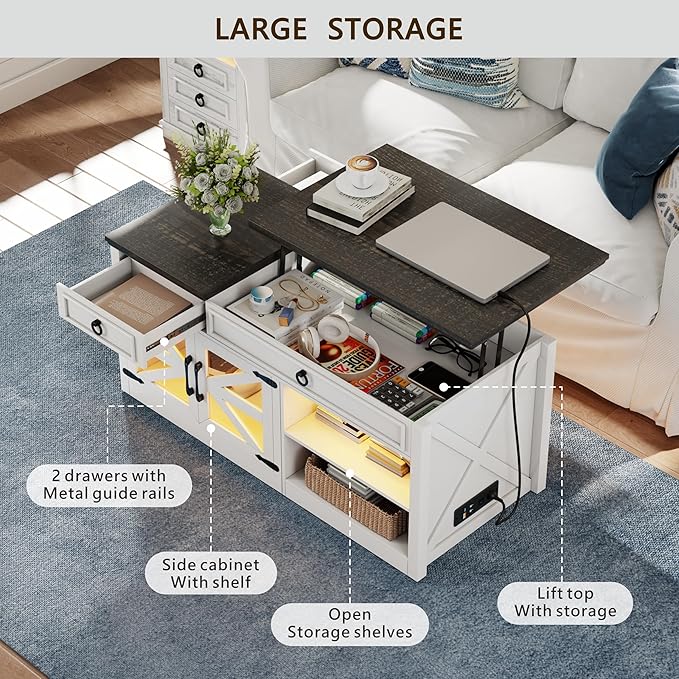 Lvifur 48" Farmhouse Lift Top Coffee Table with LED Lights & Charging Station, Living Room Center Table with 2 Hidden Storage Compartments, Lifting Tabletop and Adjustable Shelf (White)