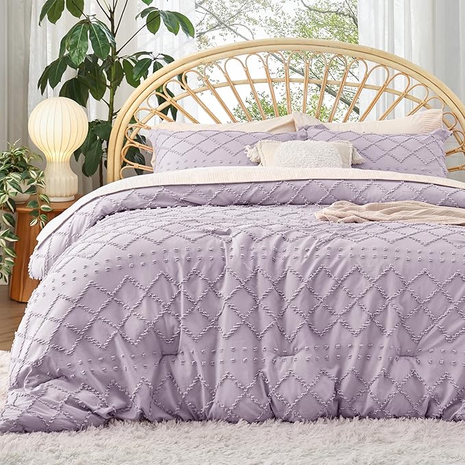Bedsure Twin Comforter Set - Lavender Comforter, Boho Tufted Shabby Chic Bedding for Kids, 2 Pieces Vintage Farmhouse Bed Set for All Seasons, Fluffy Soft Bedding with 1 Pillow Sham